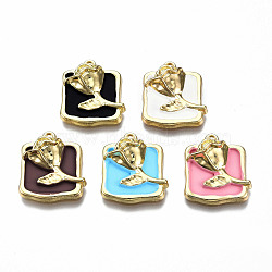 Rack Plating Alloy Enamel Pendants, Cadmium Free & Lead Free, Light Gold, Rectangle with Rose, Mixed Color, 21.5x19x6mm, Hole: 1.6mm(ENAM-N060-17-LG)