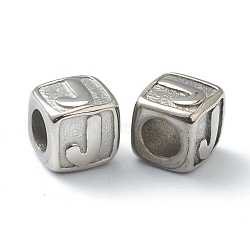 304 Stainless Steel European Beads, Large Hole Beads, Horizontal Hole, Cube with Letter, Stainless Steel Color, Letter.J, 8x8x8mm, Hole: 4mm(STAS-H145-01J-P)