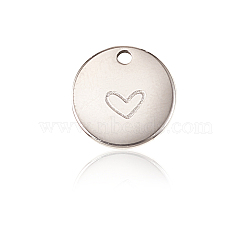 304 Stainless Steel Charms, Flat Round with Heart, Stainless Steel Color, 11.5x1mm, Hole: 1.5mm(STAS-CJ0001-217)