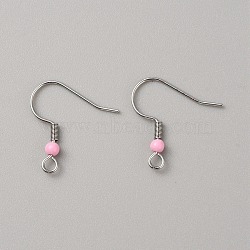 304 Stainless Steel Earring Hooks, French Hooks with Coil and Plastic Ball, Pink, 19.5x18.5x3mm, Hole: 2mm, Pin: 0.7mm(STAS-WH0027-64P-12)