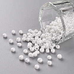 Glass Seed Beads, Opaque Colors Lustered, Round, White, 3mm, Hole: 1mm, about 10000pcs/pound(SEED-A012-3mm-121)