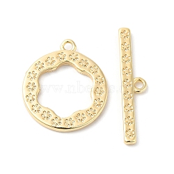 Brass Toggle Clasps, Flat Ring with Flower, Real 18K Gold Plated, Ring: 16x14x1mm, Hole: 1mm, Bar: 20.5x4.5x1mm, Hole: 1mm(KK-P234-71G)