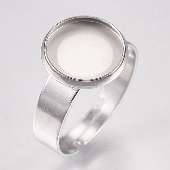 304 Stainless Steel Pad Ring Settings, Adjustable, Flat Round, Stainless Steel Color, Size 7(17mm), Tray: 10mm