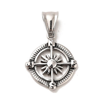 304 Stainless Steel Pendants, Compass Charms, Antique Silver, 24x20x2.8mm, Hole: 8x5mm