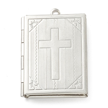 304 Stainless Steel Diffuser Locket Pendants for Teachers' Day, Photo Frame Pendants for Necklaces, Book with Cross, Stainless Steel Color, 39x27x5.5mm, Hole: 2.5mm, Inner Diameter: 28.5x18.5mm