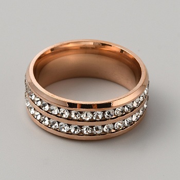 Rhinestone Finger Ring, 201 Stainless Steel Ring for Women, Rose Gold, Inner Diameter: 18mm
