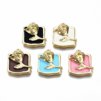 Rack Plating Alloy Enamel Pendants, Cadmium Free & Lead Free, Light Gold, Rectangle with Rose, Mixed Color, 21.5x19x6mm, Hole: 1.6mm