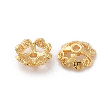 Brass Fancy Bead Caps, Flower, 4-Petal, Hollow, Nickel Free, Real 18K Gold Plated, 7.5x7.5x2.5mm, Hole: 1mm