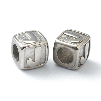 304 Stainless Steel European Beads, Large Hole Beads, Horizontal Hole, Cube with Letter, Stainless Steel Color, Letter.J, 8x8x8mm, Hole: 4mm