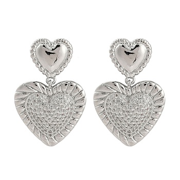 Rack Plating Brass Heart Stud Earrings for Women, with Clear Cubic Zirconia, Long-Lasting Plated, Stainless Steel Color, 30.5x20mm