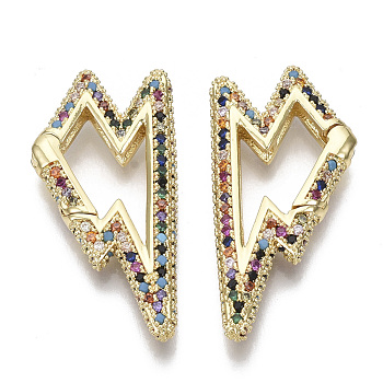 Brass Micro Pave Cubic Zirconia Spring Gate Rings, Nickel Free, Lightning Bolt, Colorful, Real 16K Gold Plated, 23x16x4mm, Inner Diameter: 18x10mm