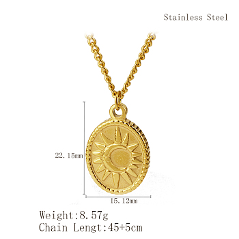 Stylish Stainless Steel Sunbeam Pendant Necklace for Women's Daily Wear, Real 18K Gold Plated, Flat Round, 17.72 inch(45cm)