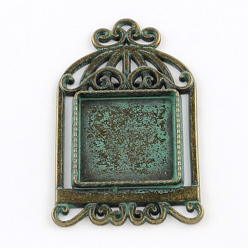 Birdcage with Square Zinc Alloy Pendant Cabochon Settings, Cadmium Free & Nickel Free & Lead Free, Antique Bronze & Green Patina, 48x29x2.5mm, Tray: 20x20mm