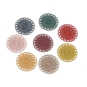 430 Stainless Steel Connector Charms, Etched Metal Embellishments, Flat Round with Flower Links, Mixed Color, 18x0.5mm, Hole: 1.2mm