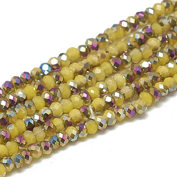 Electroplate Opaque Solid Color Glass Beads Strands, Faceted, Half Plated, Rondelle, Yellow, 2x1.5mm, Hole: 0.7mm, about 200pcs/strand, 11.81 inch