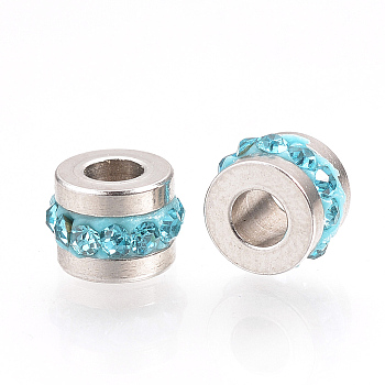 201 Stainless Steel Rhinestone Beads, Column, Aquamarine, 7x5mm, Hole: 3mm