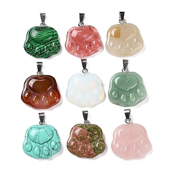 Natural and Synthetic Mixed Gemstone Pendants, Cat Paw Print Charms with Stainless Steel Color Plated Stainless Steel Snap on Bails, 32~33x29.5~30.5x7~8.5mm, Hole: 8x4mm