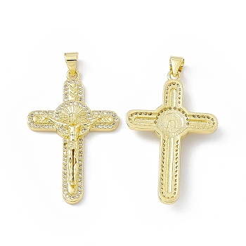 Rack Plating Eco-friendly Brass Pendants, Micro Pave Clear Cubic Zirconia, Long-Lasting Plated, Lead Free & Cadmium Free, Religion Crucifix Cross Charm, Real 18K Gold Plated, 37x23x4.5mm, Hole: 4x3mm