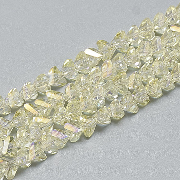 Electroplate Glass Beads Strands, Faceted Triangle, Light Goldenrod Yellow, 6x5x4mm, Hole: 1.2mm, about 100pcs/strand, 12.99 inch
