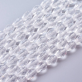 Glass Beads Strands, Faceted, teardrop, Clear, 11x8mm, Hole: 1mm, about 57~59pcs/strand, 26.38~26.77 inch