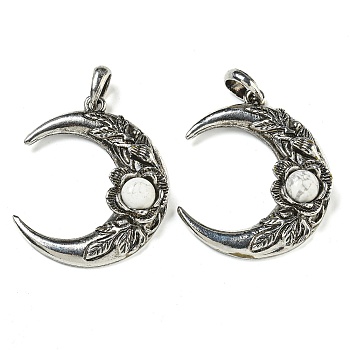 Natural Howlite Pendants, Alloy Flower Crescent Moon Charms, Antique Silver, 43.5x35.5x8.5mm, Hole: 8x7mm