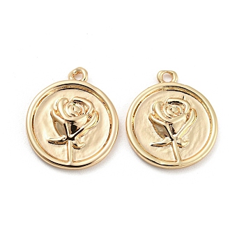 Brass Pendants, Flat Round with Flower Charm, Real 18K Gold Plated, 15x13x2mm, Hole: 1mm