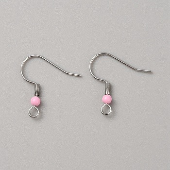 304 Stainless Steel Earring Hooks, French Hooks with Coil and Plastic Ball, Pink, 19.5x18.5x3mm, Hole: 2mm, Pin: 0.7mm