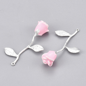 Brass Enamel Pendants, Rose, Silver Color Plated, Pink, 40x25x10mm, Hole: 0.8mm