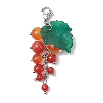 Grape Natural Carnelian Pendant Decorations, Acrylic Leaf & Lobster Claw Clasps Charms, for Bag Key Ornaments, 48~55mm