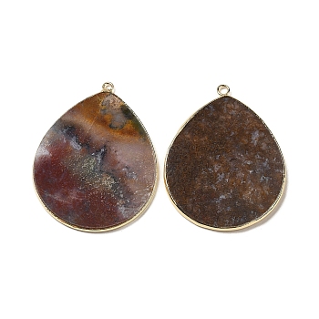 Natural Indian Agate Pendants, with Brass Findings, Teardrop, Golden, Undyed, 41~41.5x32x2mm, Hole: 1.5mm