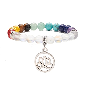 Synthetic Moonstone & Mixed Gemstone Stretch Bracelet with Alloy Lotus Charms, Chakra Jewelry for Women, Inner Diameter: 2-1/8 inch(5.5cm)