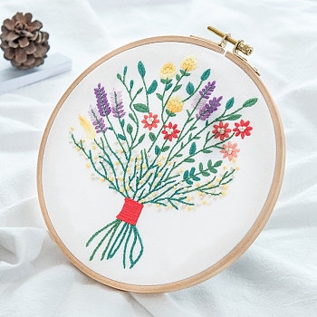 Flower Bouquet Pattern 3D Embroidery Starter Kits, including Embroidery Fabric & Thread, Needle, Instruction Sheet, Medium Purple, 290x290mm