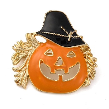 Halloween Zinc Alloy Brooches, Dark Orange Enamel Pins for Clothes Backpack, Light Gold, Pumpkin, 36.5x37mm