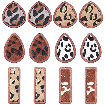 SUPERFINDINGS 12Pcs 6 Style Eco-Friendly Cowhide Leather Big Pendants, with Dyed Wood, Mixed Shape with Leopard Print, Mixed Color, 41~56x19~37.5x3~4mm, Hole: 1.2mm, 2pcs/style