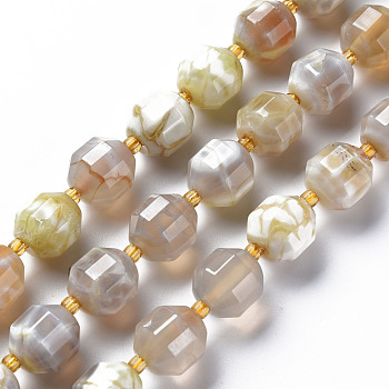 Natural Fire Crackle Agate Beads Strands, Dyed, Faceted, with Seed Beads, Double Terminated Point Prism Beads, Bicone, Lemon Chiffon, 11~12x10~10mm, Hole: 1.5mm, about 29pcs/strand, 14.96 inch~15.16 inch(38cm~38.5cm)