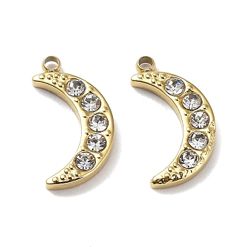 Ion Plating(IP) 304 Stainless Steel Charms, with Crystal Rhinestone, Moon Charm, Real 18K Gold Plated, 14x7x2mm, Hole: 1.2mm