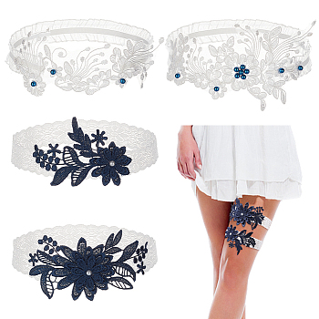 AHADEMAKER 2 Sets 2 Style Lace Elastic & Polyester Lace Bridal Garters, Flower Pattern, with Plastic Pearl Beads, Women's Wedding Clothes Accessories, Mixed Color, 370~405x26~100mm, 1 set/style