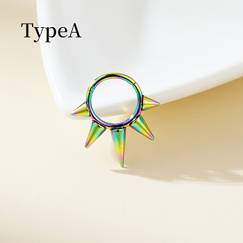 316 Surgical Stainless Steel Spike Hoop Nose Rings, Cone, Rainbow Color, 10mm, Pin: 1.2mm