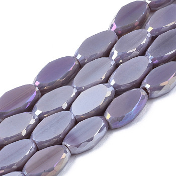 Electroplate Glass Beads Strands, AB Color Plated, Faceted, Rice, Medium Purple, 10x6x3.5mm, Hole: 1.4mm, about 50pcs/strand, 19.69~20.94 inch(50~53.2cm)