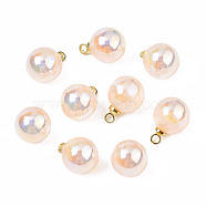 ABS Plastic Imitation Pearl Charms, with Brass Findings, AB Color Plated, Golden, Round, Light Salmon, 11.5x8mm, Hole: 1.5mm(PACR-T015-01B)