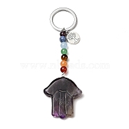 Natural Amethyst Chakra Keychain, with Iron Split Key Rings and Flat Round Alloy Charms, Hamsa Hand, 11.5cm(KEYC-F034-01A)
