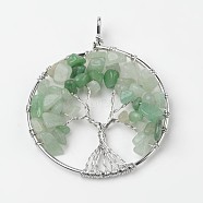 Tree of Life Natural Green Aventurine Big Pendants, with Brass Findings, Platinum, 63~65x49~51x8~10mm, Hole: 8~10mm(X-G-L455-D08)
