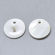 Natural White Shell Mother of Pearl Shell Charms, with Iron Sticker, Flat Round with Letter, Letter.Y, 13x2mm, Hole: 1.5mm(SSHEL-N036-053Y)