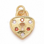 Rack Plating Brass Colorful Cubic Zirconia Pendants, Cadmium Free & Nickel Free & Lead Free, Long-Lasting Plated, with Jump Ring, Heart, Real 18K Gold Plated, 12x7.5x2mm, Jump Ring: 4x0.5mm, Inner Diameter: 2.5mm(KK-M229-19G)