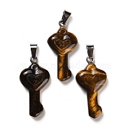 Natural Tiger Eye Pendants, with Platinum Plated Iron Snap on Bails, Heart Shaped Key Charms, 38~39x18~19x7~8mm, Hole: 7.5x3mm(G-M424-01P-04)