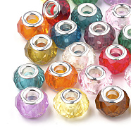 Acrylic European Beads, Large Hole Beads, with Silver Color Plated Brass Cores, Faceted, Rondelle, Mixed Color, 13~14x9~10mm, Hole: 4.5mm(GPDL-S040-M)