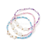 3Pcs 3 Style Star & Moon & Butterfly Shell & Seed Beaded Stretch Bracelets Set, Mixed Color, Inner Diameter: 2-1/8 inch(5.3cm), 1Pc/style(BJEW-JB09438)