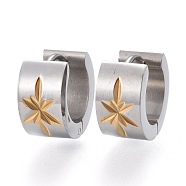 Two Tone 304 Stainless Steel Huggie Hoop Earrings, Textured, Ring with Flower, Golden & Stainless Steel Color, 12.5x13.5x7mm, Pin: 1mm(EJEW-L252-003GP)