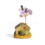 Resin Display Decorations, Reiki Energy Stone Feng Shui Ornament, with Natural Amethyst Tree and Copper Wire, House, 38x30x55~65mm(DJEW-PW0009-002B-08)