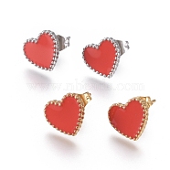 304 Stainless Steel Stud Earrings, with Enamel and Ear Nuts, Heart, Red, Mixed Color, 9.5x10.5x1.5mm, Pin: 0.6mm, 6pairs/card(EJEW-I235-04-B)